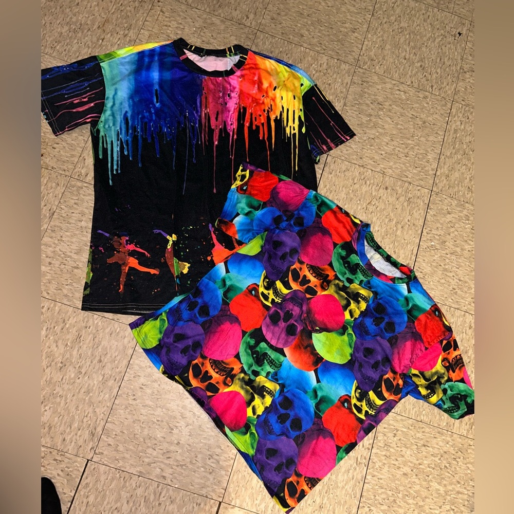 XL/M Bundle Neon Skull & Paint Drip Graphic Tees - Vibrant Multicolor